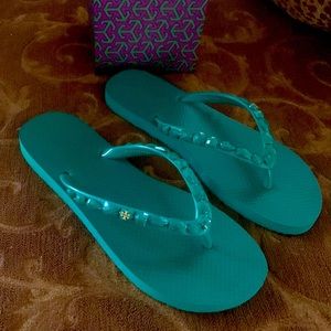 Tory Burch emerald flip flops